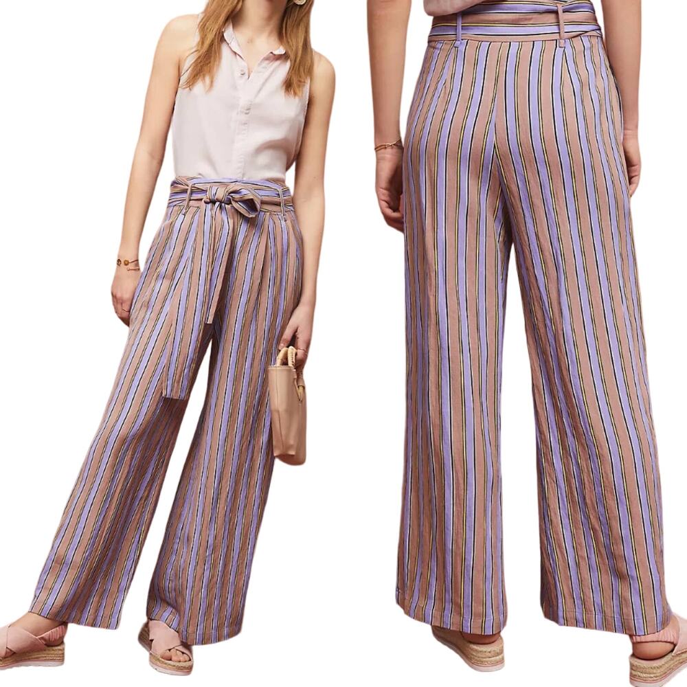 Anthropologie Moon River Wide Leg Pants Tie Waist Striped High Rise Pastel XS